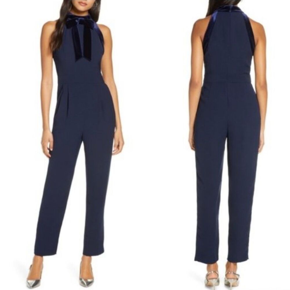 1901 Sleeveless Bow Neck Skinny Leg Jumpsuit Blue 2